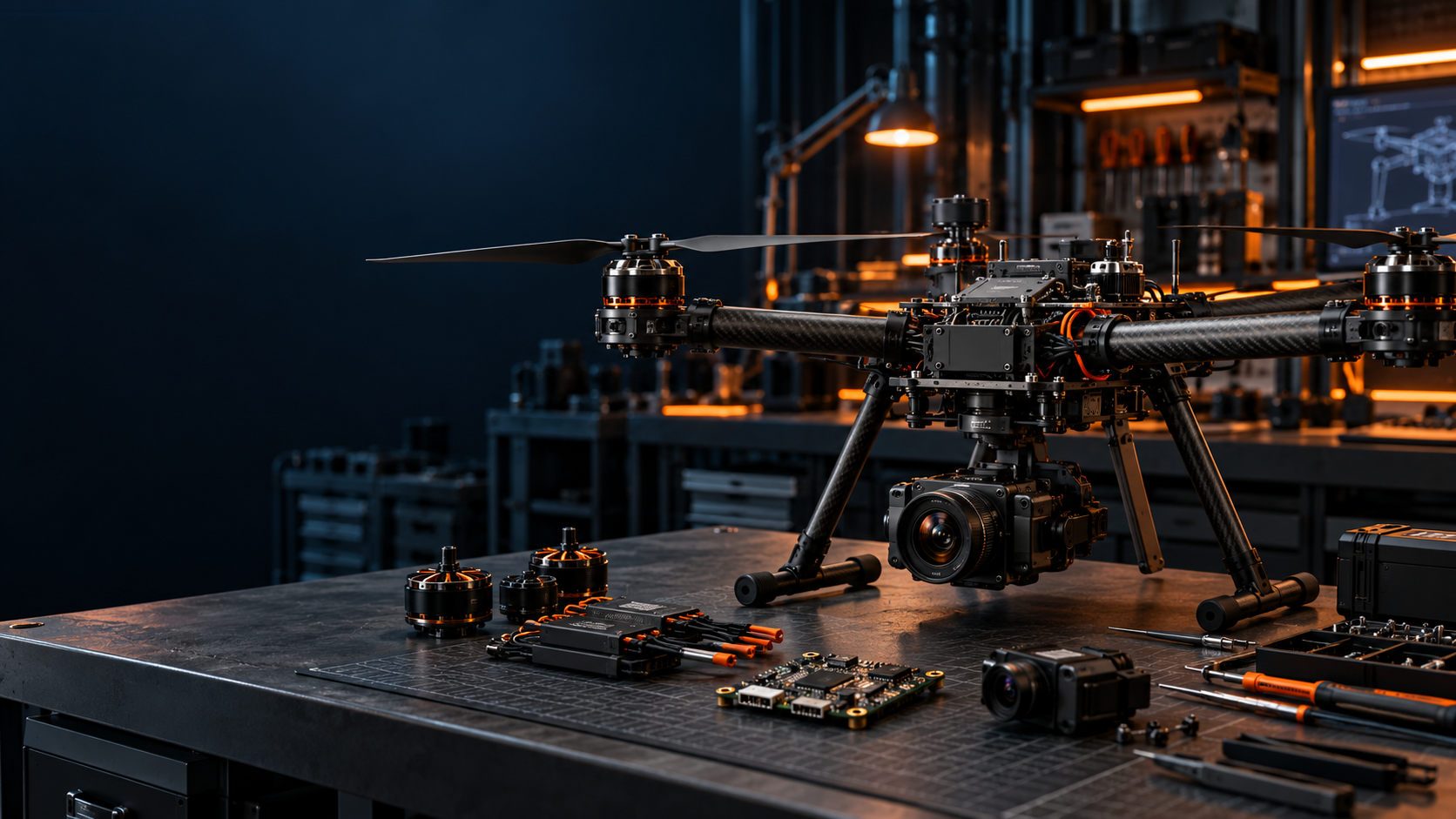 Industrial drone platform and components on an aerospace workbench