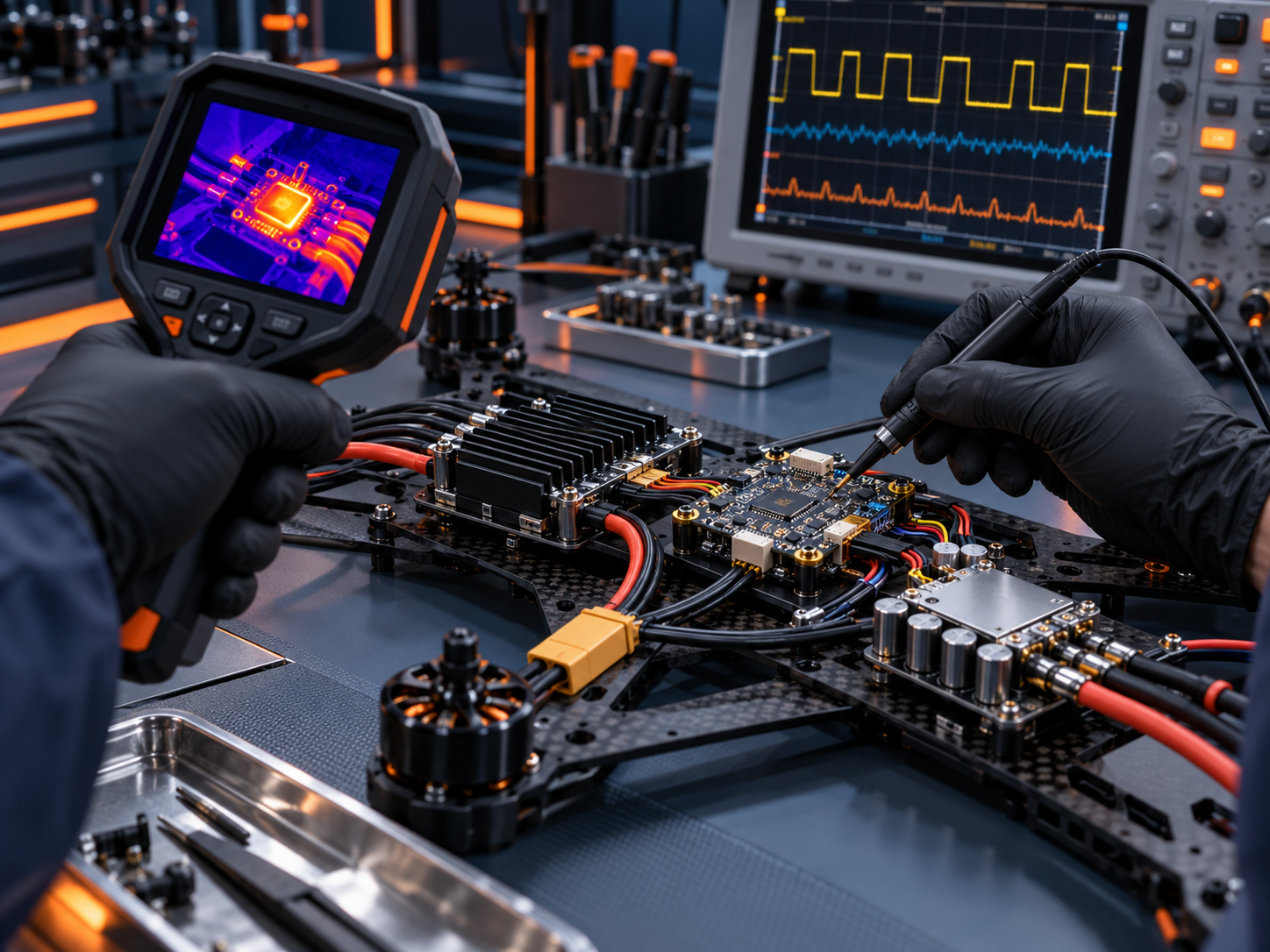 Technician testing drone electronics on an ESD bench